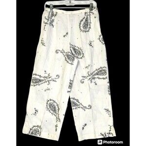 White Black Paisley Linen Size M Crop Wide Leg Clean Girl Resort Old Money